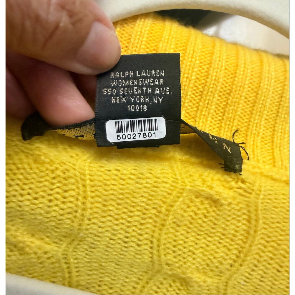 Ralph Lauren 100% Cashmere Yellow Cable Knit Zip Sweater Large - Picture 4 of 5
